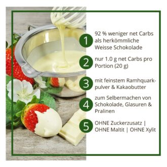 Schokoladenzauber JOGHURT-QUARK – low-carb & keto Weisse Schokolade ohne Zuckerzusatz in Pulverform zum Selberschmelzen in 2 min