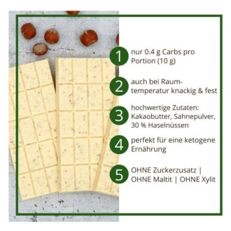 CHOKETO Low Carb & Keto Schokolade WEISSE SAHNE & HASELNUSS – 3 Tafeln – handgemacht – ohne Zuckerzusatz