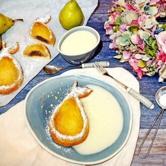 Rezept Gefüllte Birne im Mandelkleid mit Vanillesauce lowcarb glutenfrei