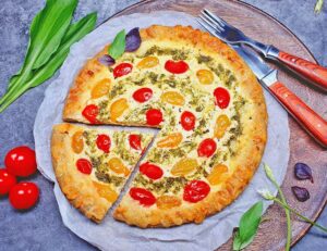 Rezept Bärlauchpesto Käse Tomatenpizza lowcarb keto glutenfrei