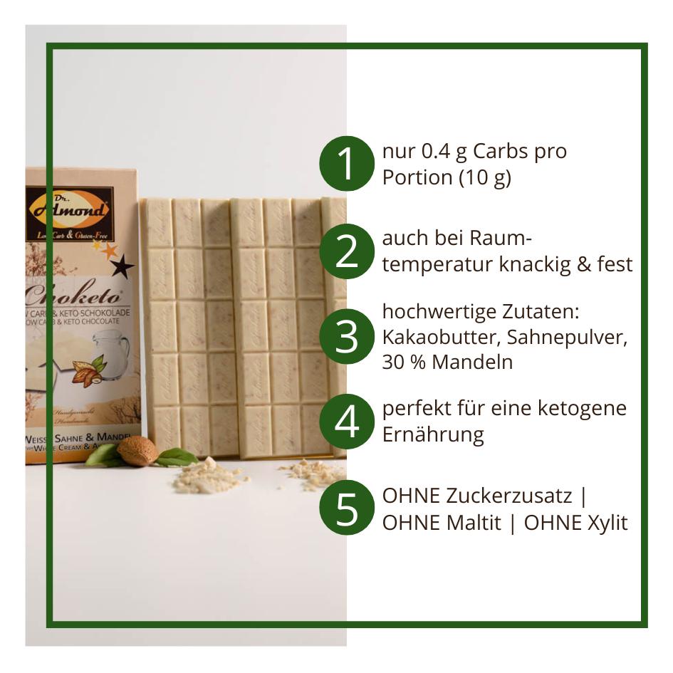 CHOKETO Low Carb & Keto Schokolade WEISSE SAHNE & MANDEL – 3 Tafeln – handgemacht – ohne Zuckerzusatz