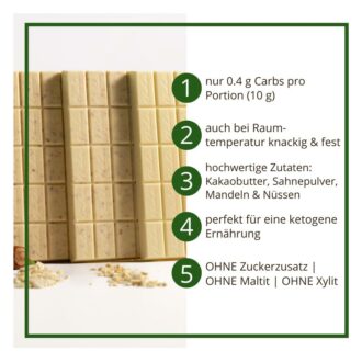 CHOKETO Low Carb & Keto Schokolade MIX WEISSE SAHNE – PUR + MANDEL + HASELNUSS – 3 Tafeln – handgemacht